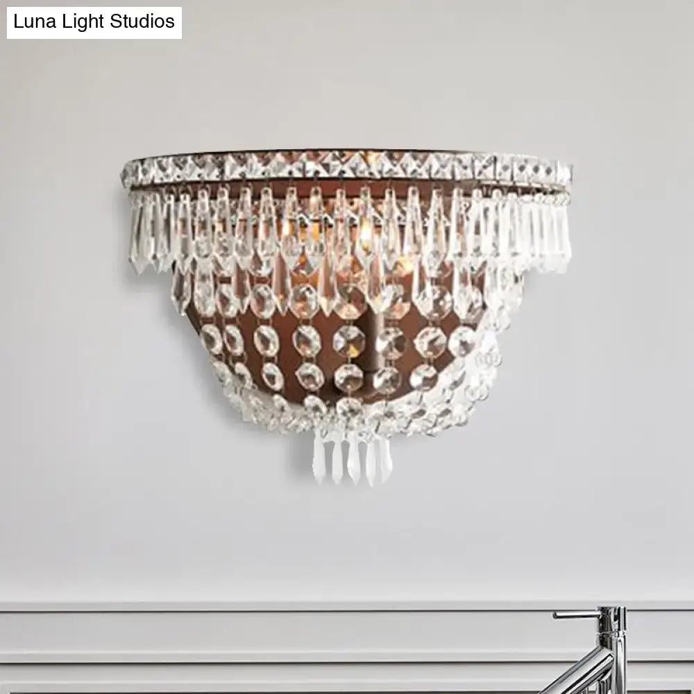 Modernist dark bronze crystal basket wall sconce with cascading clear glass beads for bedroom lighting