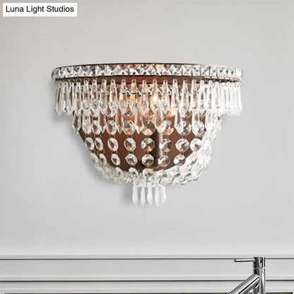 Modernist dark bronze crystal basket wall sconce with cascading clear glass beads for bedroom lighting