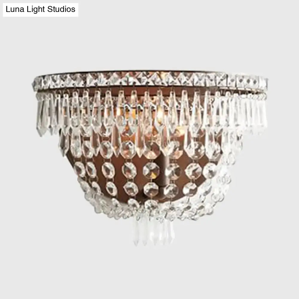 Modernist dark bronze crystal basket wall sconce with bronze metal frame and clear faceted glass beads for bedroom lighting