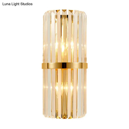 Elegant gold modernist cylinder wall lighting with vertical clear crystal rods and central brass band wall lighting fixture