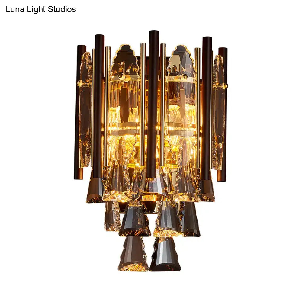 Modernist gold wall lamp with beveled k9 crystal rods and cascading elements for living room 110v-120v use