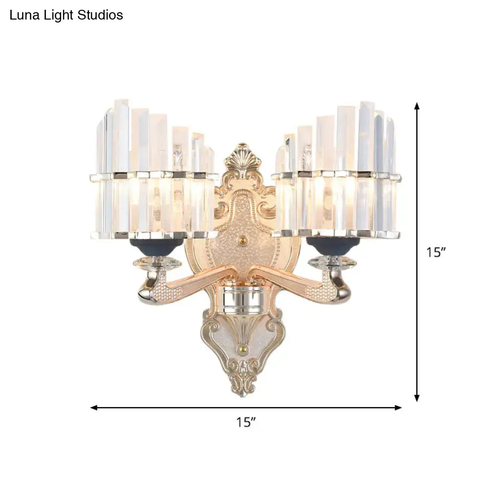 Modernist gold wall light with crystal conical shade featuring two clusters of clear rods for living room use