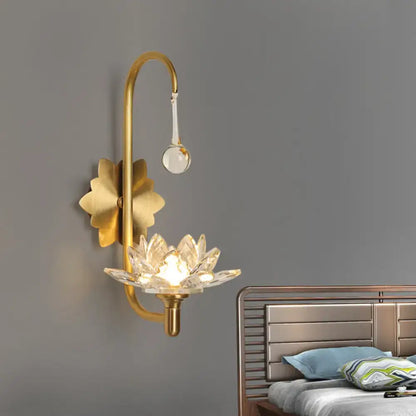 Modernist gold-toned lotus wall lamp with crystal flower design and elegant curved arm for bedroom 220v-240v 110v-120v use