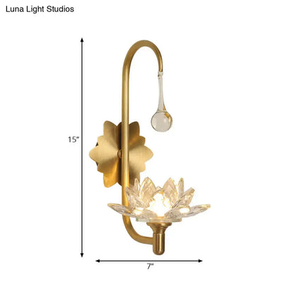 Modernist gold crystal lotus wall lamp with clear crystal petals and teardrop glass accent for bedroom sconce 220v-240v 110v-120v