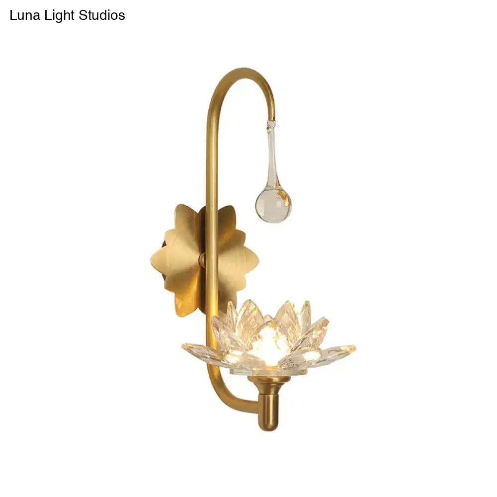 Modernist gold crystal lotus wall lamp with curved arm and teardrop glass accent for bedroom sconce 220v-240v 110v-120v