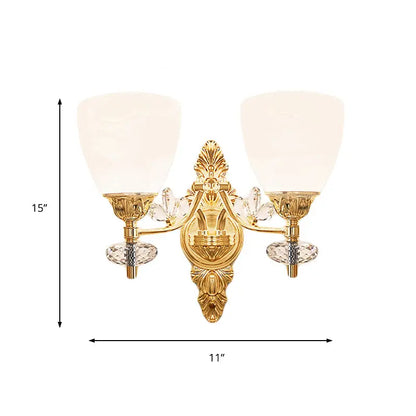 Modernist gold finish wall light with crystal accents and two frosted glass shades compatible with e12 e14 bulbs