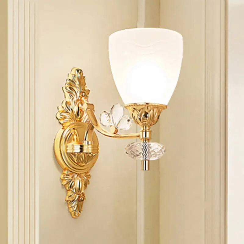 Modernist gold finish wall light with crystal accents and frosted glass shade for e12 e14 bulbs bedroom sconce