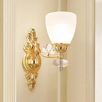 Modernist gold finish wall light with crystal accents and frosted glass shade for e12 e14 bulbs bedroom sconce