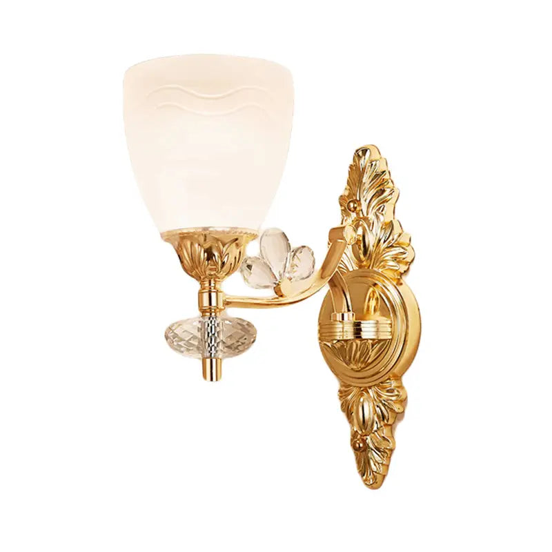 Modernist gold finish wall light with frosted glass shade and crystal accents for bedroom e12 e14 sconce
