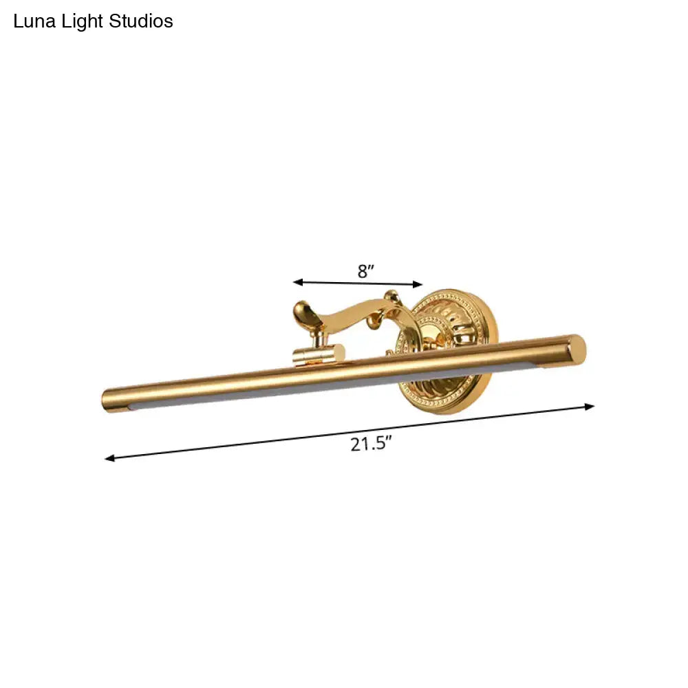 Modernist gold linear metallic vanity wall light with decorative circular base and 8-inch adjustable arm wall light