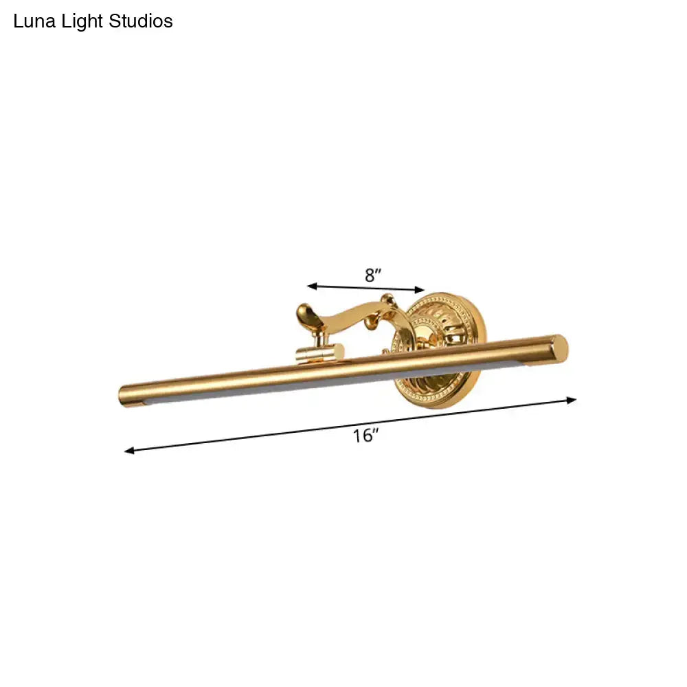 Modernist gold linear metallic vanity wall light with sleek elongated bar and ornate circular base in gold finish