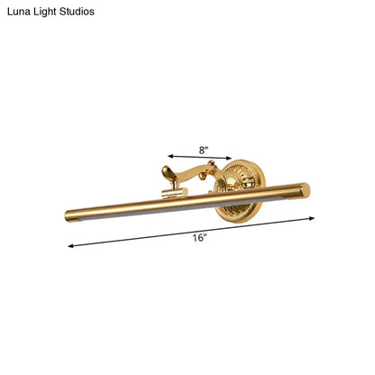 Modernist gold linear metallic vanity wall light with sleek elongated bar and ornate circular base in gold finish