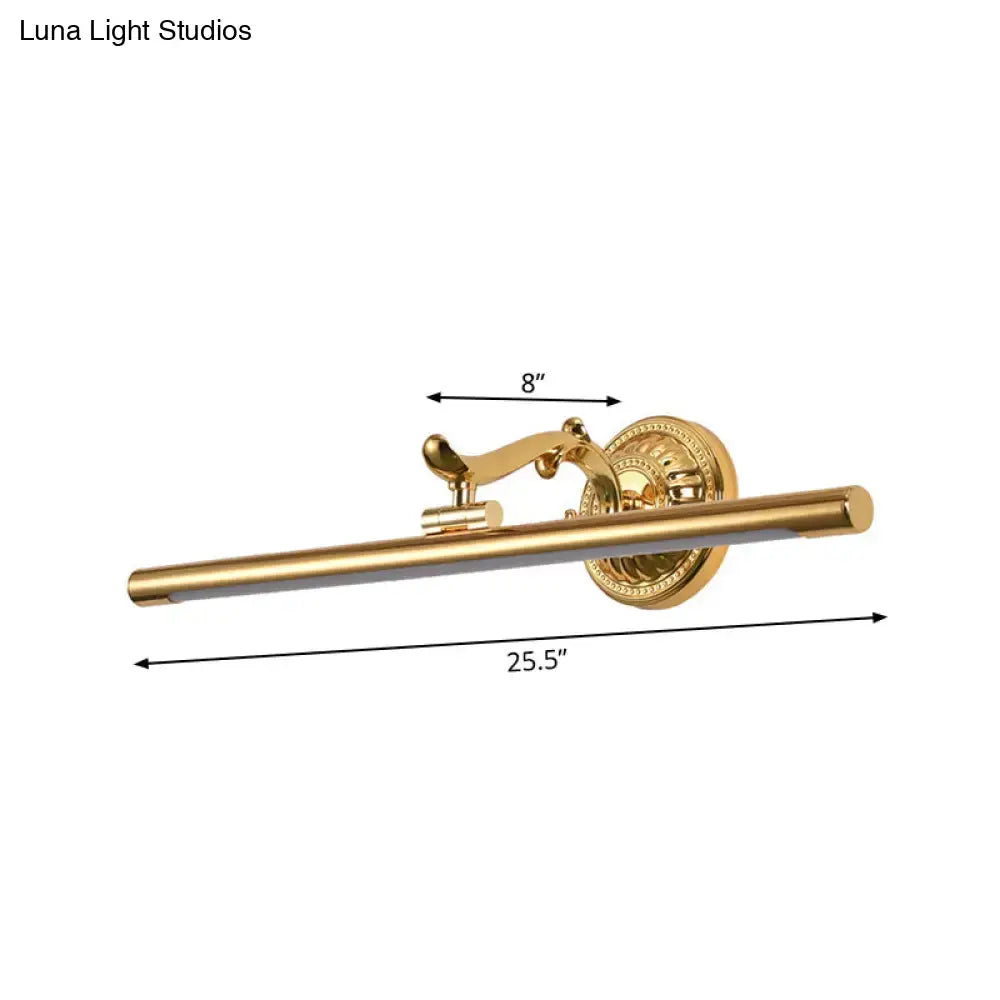 Modernist gold linear metallic vanity wall light with ornate circular base and adjustable arm wall light fixture