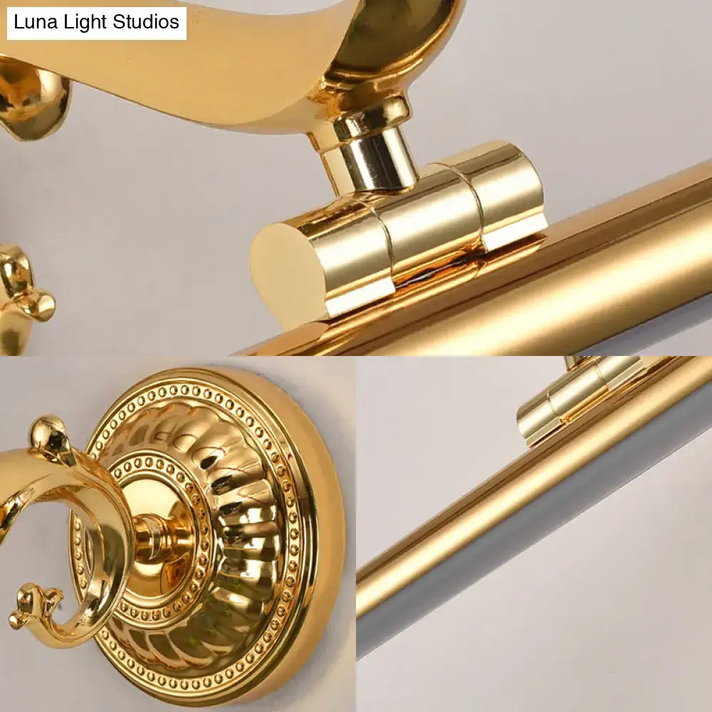 Modernist gold linear metallic vanity wall light with gold-finished brass towel rack and ornate circular wall mount