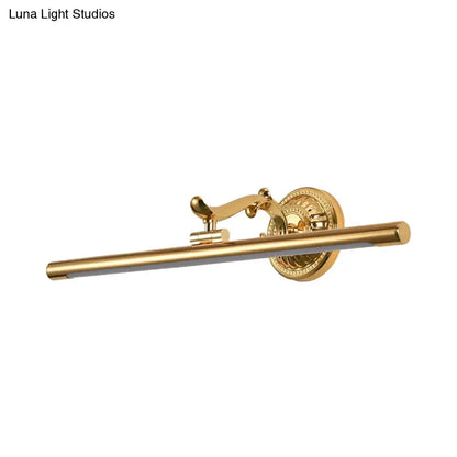 Modernist gold linear metallic vanity wall light with ornate circular base and sleek elongated bar design wall light