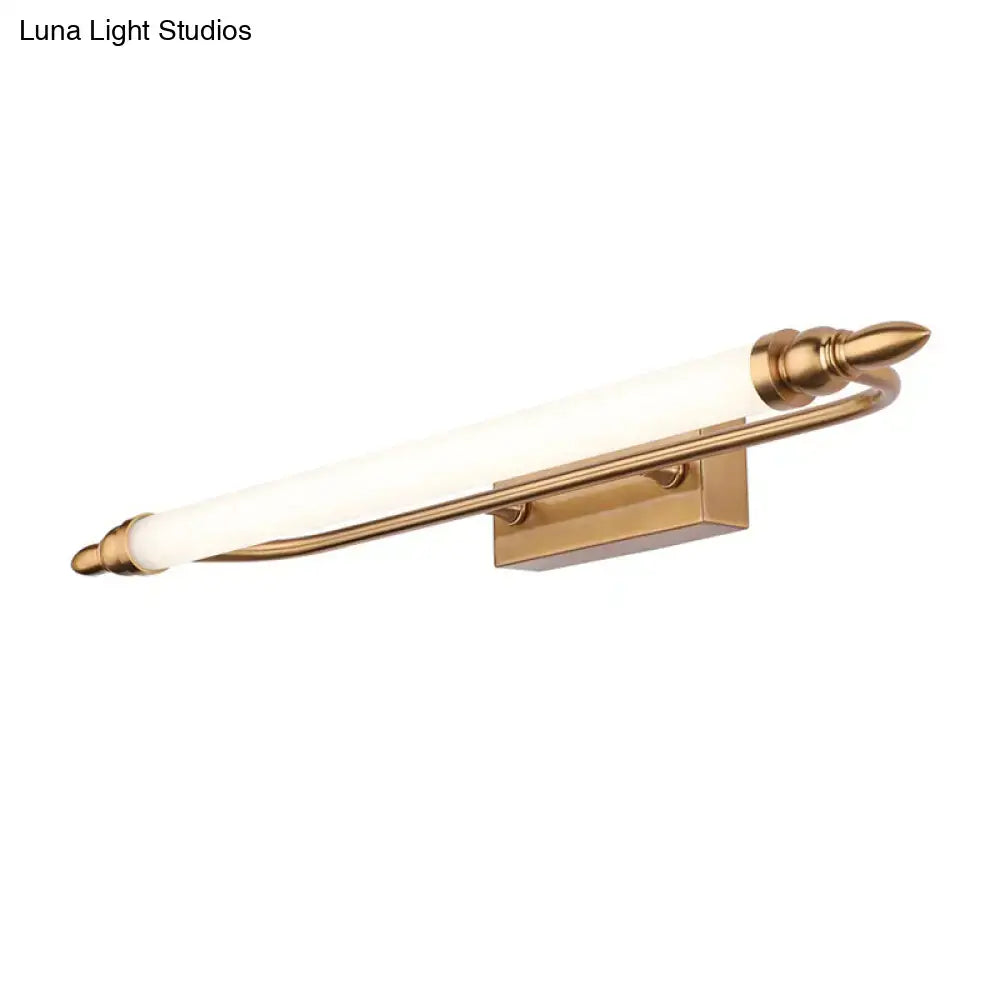 Modernist gold tube metal vanity wall light fixture with frosted glass cylinder and ornate tapered ends