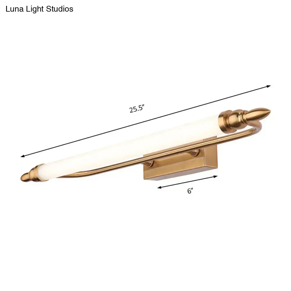 Modernist gold tube metal vanity wall light fixture with sleek elongated opal glass tube and spear-tipped ends
