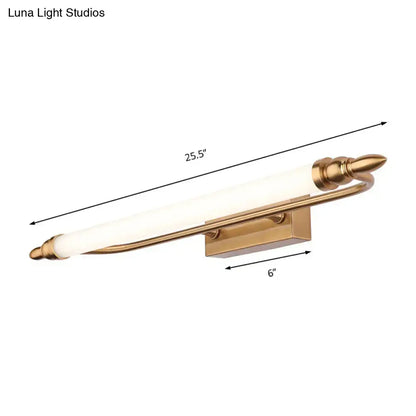 Modernist gold tube metal vanity wall light fixture with sleek elongated opal glass tube and spear-tipped ends