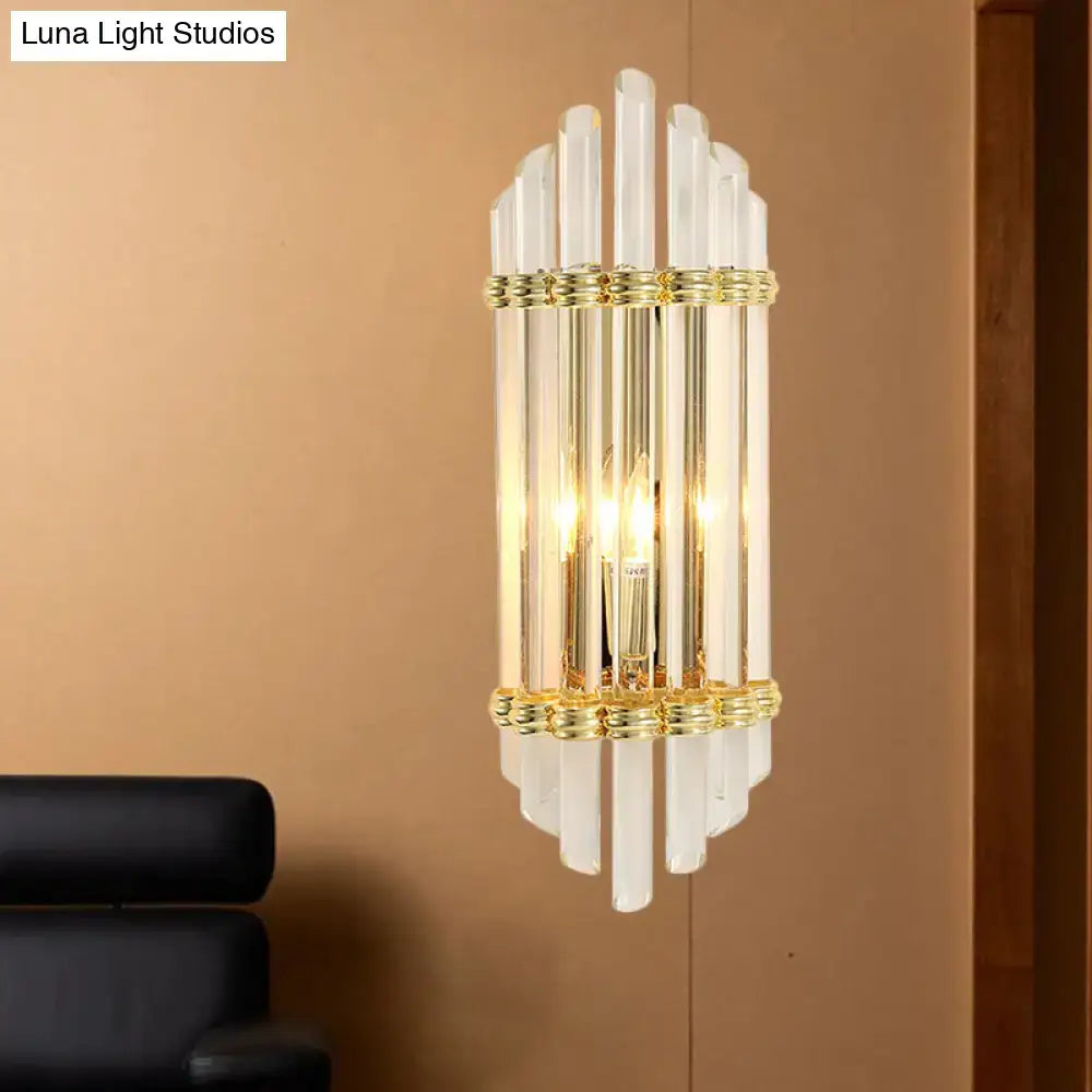 Modernist gold wall sconce lamp with crystal tubes framed by polished metal for 220v-240v and 110v-120v use