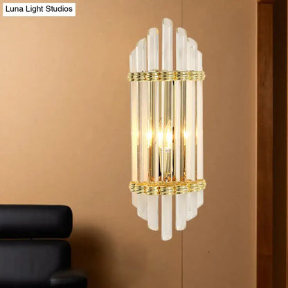Modernist gold wall sconce lamp with crystal tubes framed by polished metal for 220v-240v and 110v-120v use