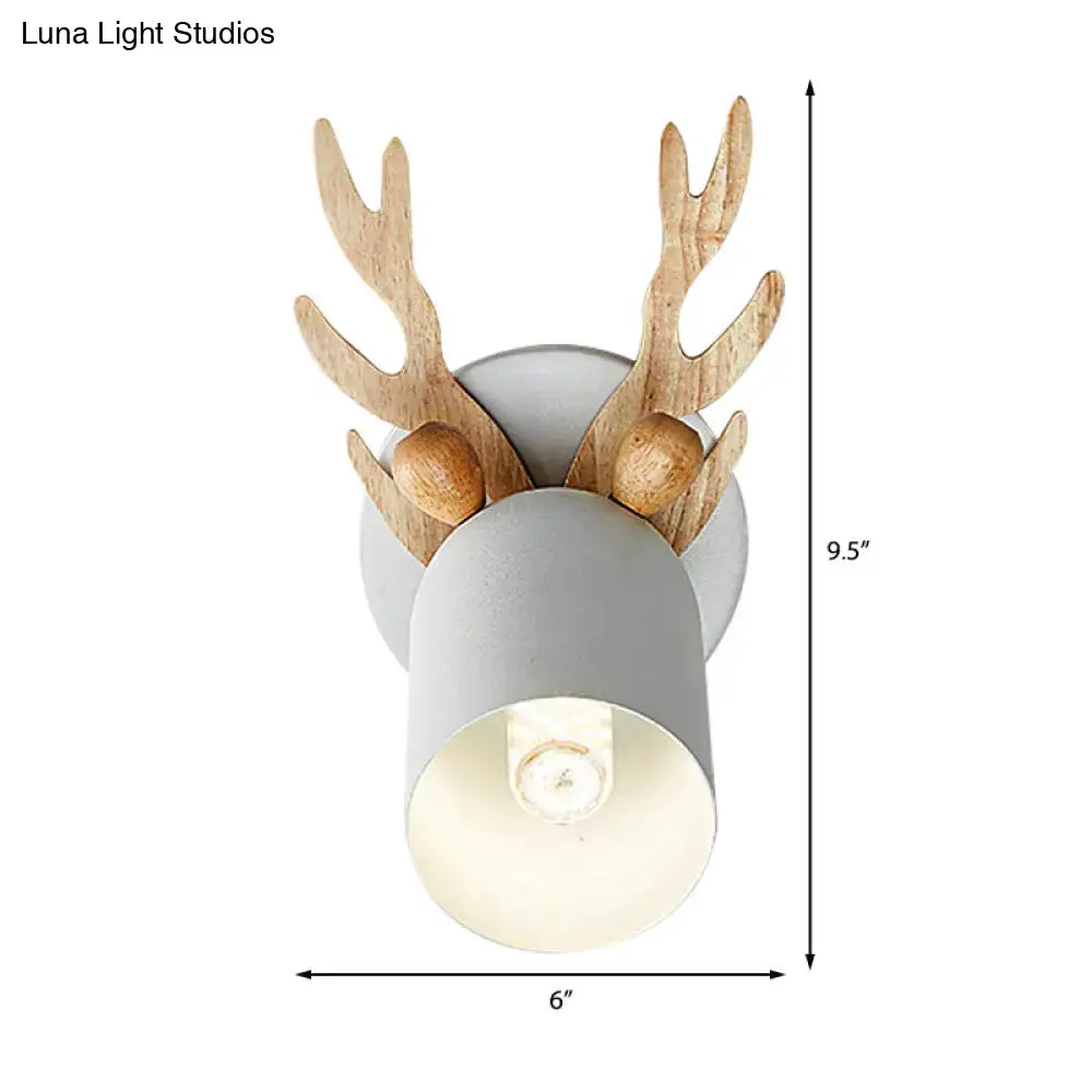 Modernist green and wood antler cylinder shape sconce with matte gray shade suitable for 110v-120v or 220v-240v use