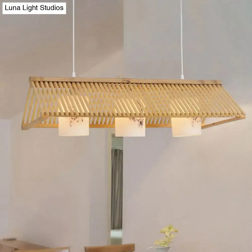 Decorbites modernist linear island lighting wood 3-light pendant lamp in beige brown with white floral fabric shades