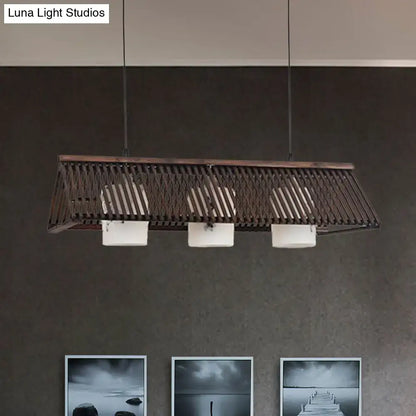 Rustic wooden pendant light with woven slat design and three white cylindrical shades in beige brown modernist linear island lighting