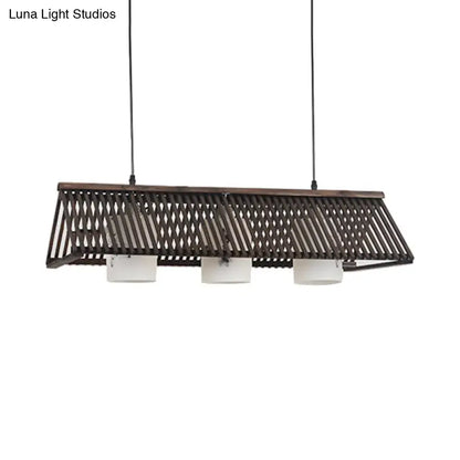 Beige brown decorbites modernist linear island lighting with dark wood slats and three white cylindrical glass shades
