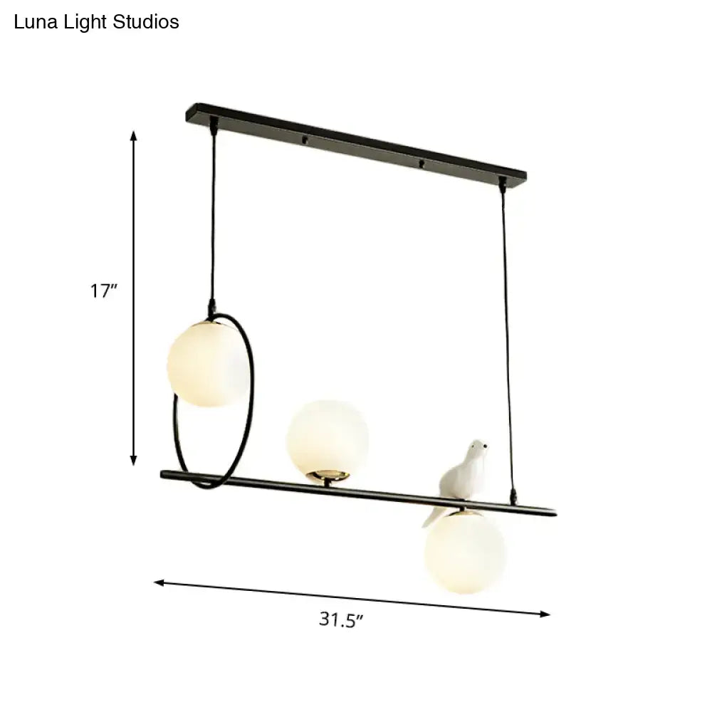 Modernist milk glass pendant black dining room light with three frosted globes and white ceramic dove accent 220v-240v 110v-120v