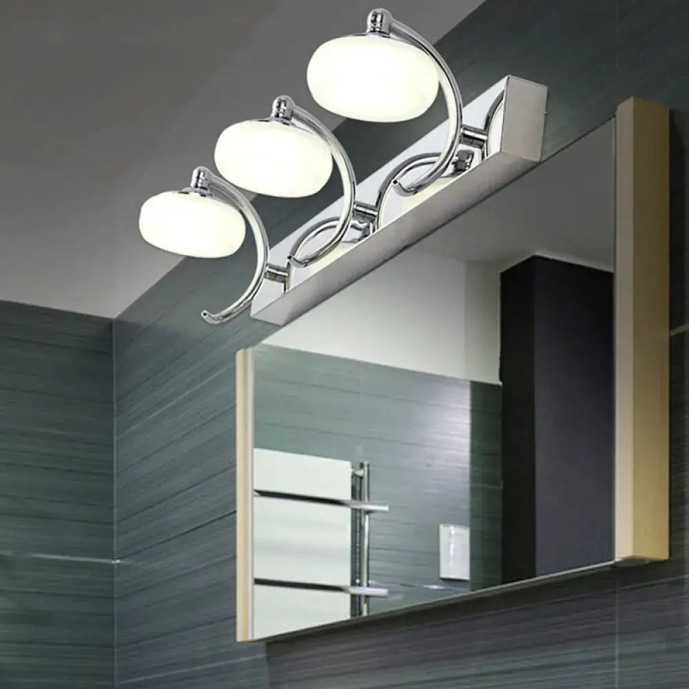 Modernist silver bathroom vanity light with chrome finish three-light wall lamp and frosted acrylic glass globes