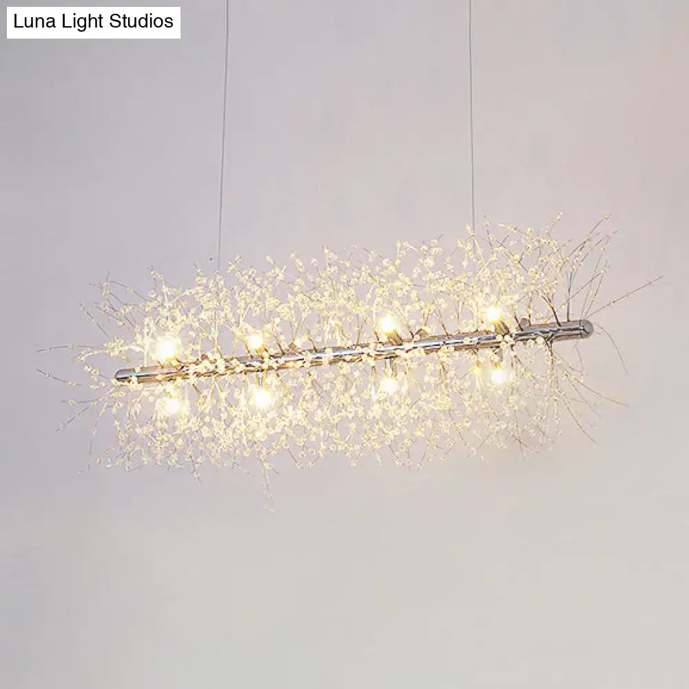 DecorBites modernist metallic branch island pendant light in silver with crystal bead deco and warm white LED lights