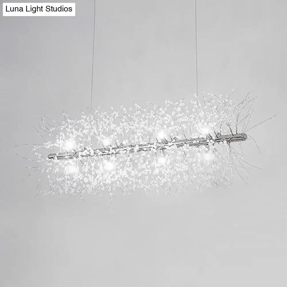 Modern chrome-finished DecorBites metallic branch island pendant light with delicate crystal bead deco accents and embedded lights