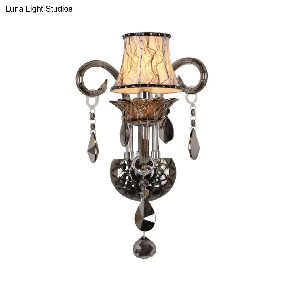 Elegant black and chrome crystal smoke grey sconce with textured amber lampshade for living room wall mounted lighting