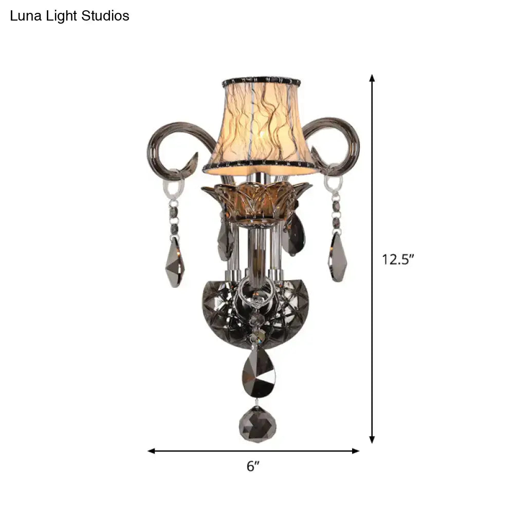 Modernist smoke grey crystal sconce with chrome finish amber lampshade and floral base for living room wall mounted lighting