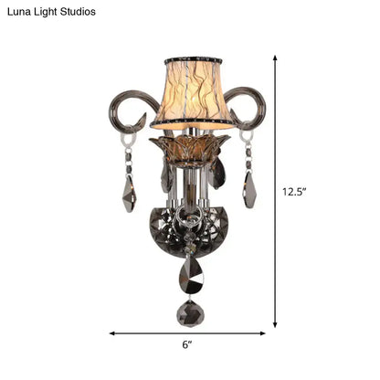 Modernist smoke grey crystal sconce with chrome finish amber lampshade and floral base for living room wall mounted lighting
