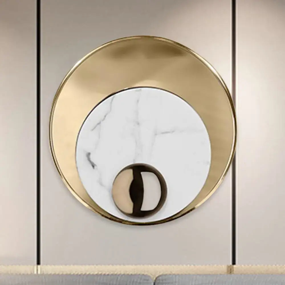 Modernist white black led sconce lighting with round marble center and polished gold frame for bedroom wall mirror
