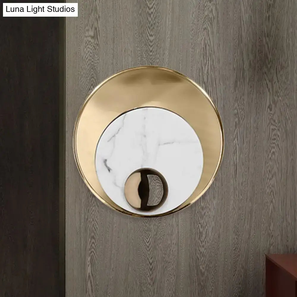 Modernist white black led sconce lighting with round marble center and polished gold metal frame for bedroom wall mirror