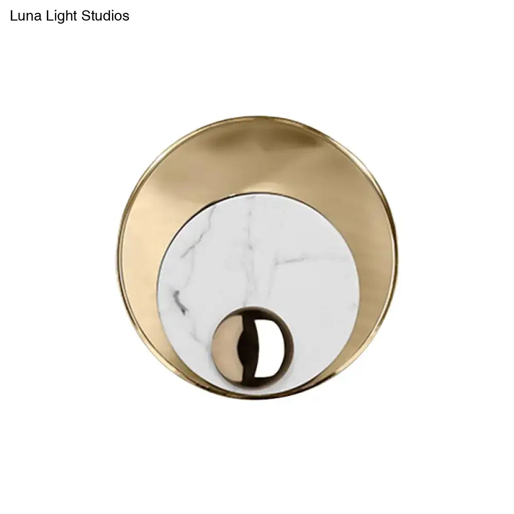 Modernist led sconce lighting with white black color, round marble center, brushed gold ring, and chrome accent for bedroom wall