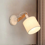 Modernist wall lamp with adjustable wood arm, white circular base, and off-white fabric shade for bedroom use 220v-240v 110v-120v