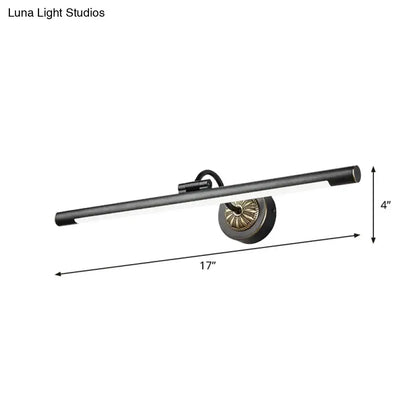 Modish black matte wall lamp with brass circular base and 17-inch swing arm, ideal vanity mirror light with max bulb wattage