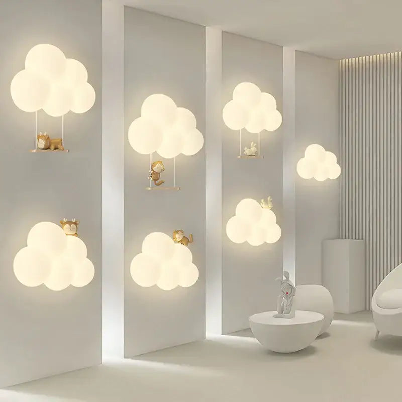Soft white decorbites cloud cartoon wall lamp with small animal figurines hanging for nursery bedroom decor