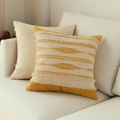 Cream and mustard yellow woven cushion cover set with frayed edge detailing for Moroccan geometric living room decor