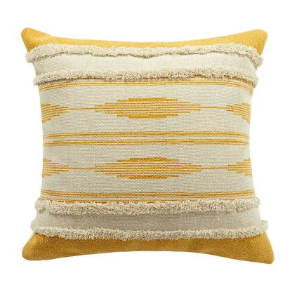 Moroccan geometric cream and mustard cushion cover set featuring a woven mustard yellow and off-white patterned throw pillow with frayed edges