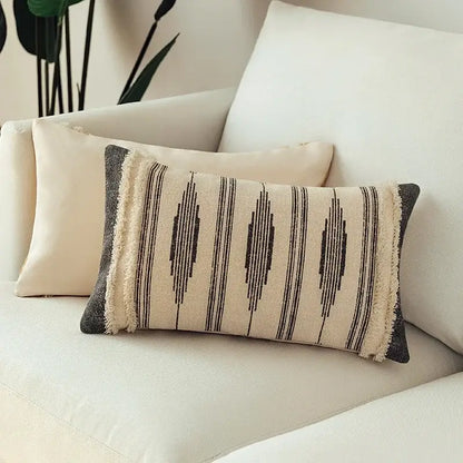 Beige and black woven cushion cover with frayed edges from moroccan geometric cream and mustard cushion cover set