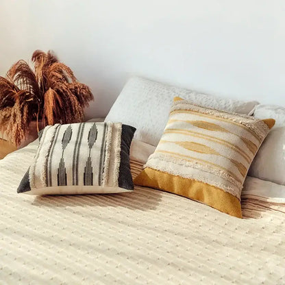 Two decorative Moroccan geometric cushion covers in cream mustard woven textile cover set for living room decor