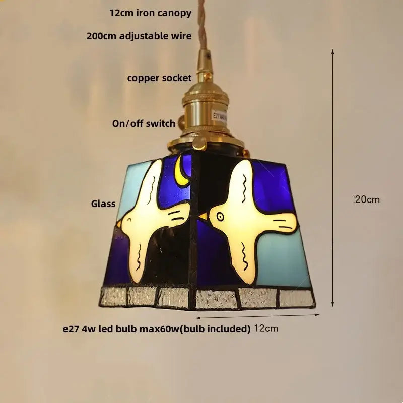 Stained glass pendant light with yellow birds and mosaic floral decorbites conch glass led for dining room