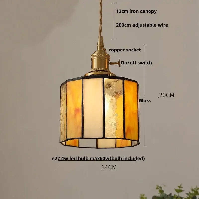 A warm amber amber-tinted mosaic floral decorbites conch glass led pendant light with brass copper socket and iron canopy
