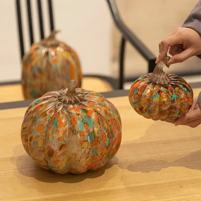 Translucent multicolored mosaic glass pumpkin sculpture with metallic stem transparent glazed home decor accent