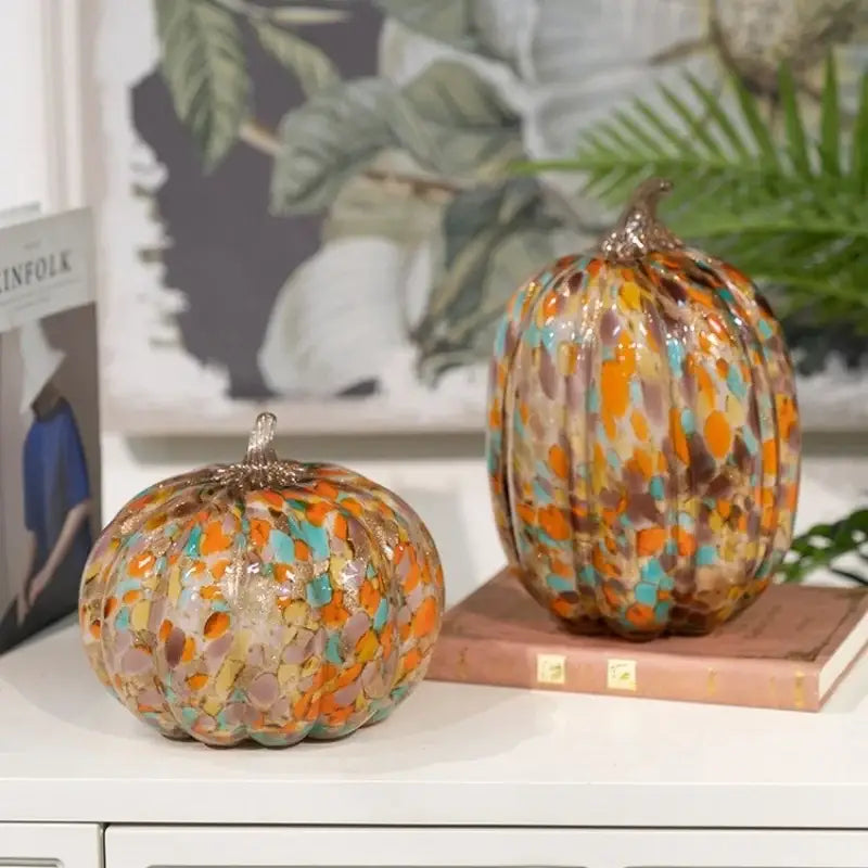 Two decorative mosaic orange teal and brown transparent glazed pumpkin sculptures for elegant home decor
