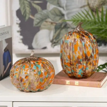 Two decorative mosaic orange teal and brown transparent glazed pumpkin sculptures for elegant home decor